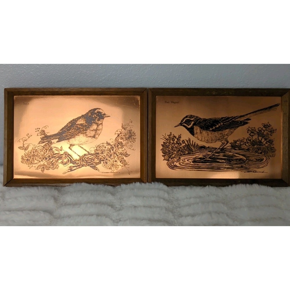 Vtg Etchmaster Pied Wagtail & Robin Black Engraved Copper Art by Doreen Edmond